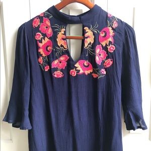 Francesca’s Navy & Coral Embroidered Choker Top